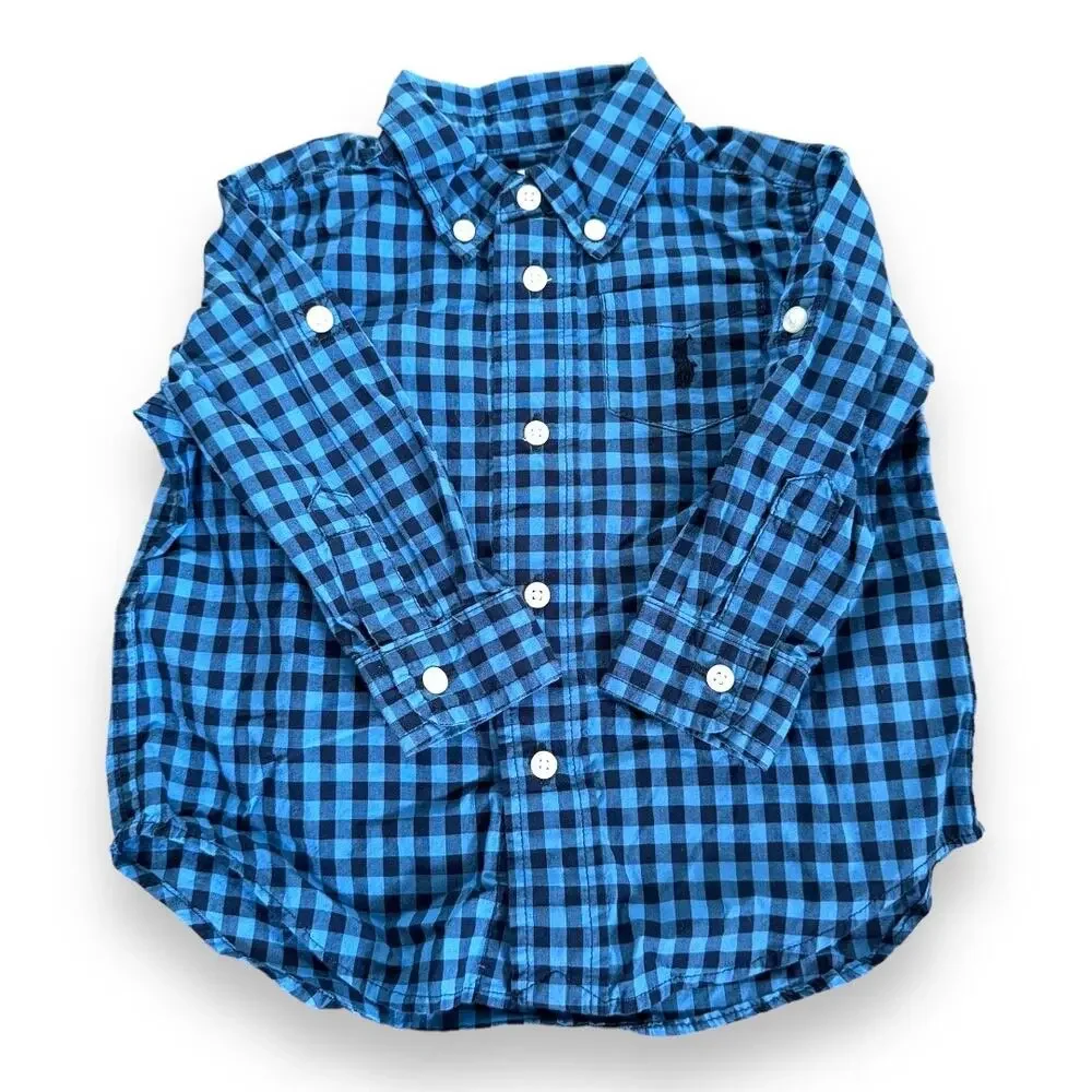 Ralph Lauren Boys Shirt Sz 12 Mo Dark Light Blue Check Long Sleeve‎ Button Down